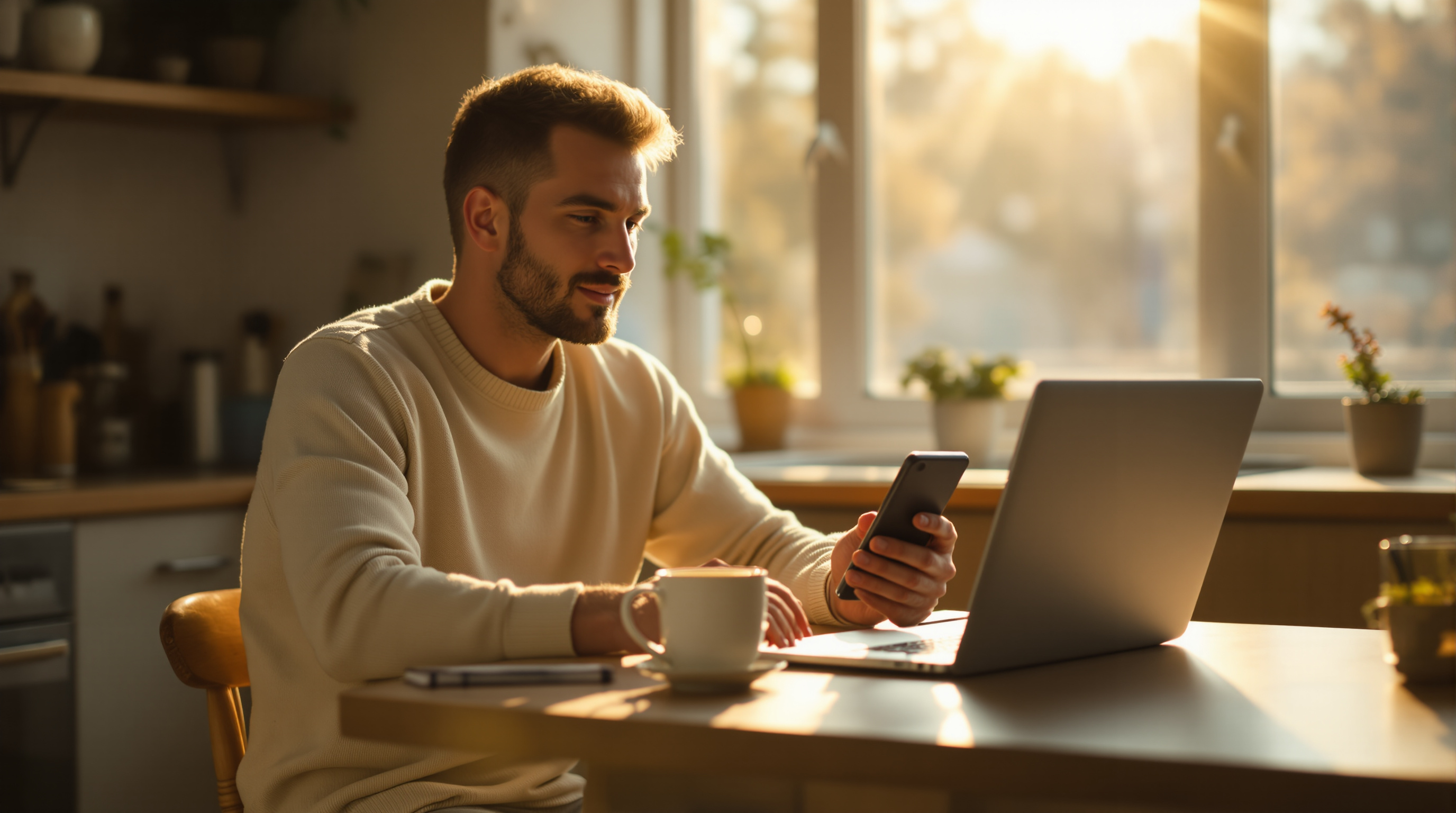 A man at a sunlit kitchen table joining a video consult with his clinician