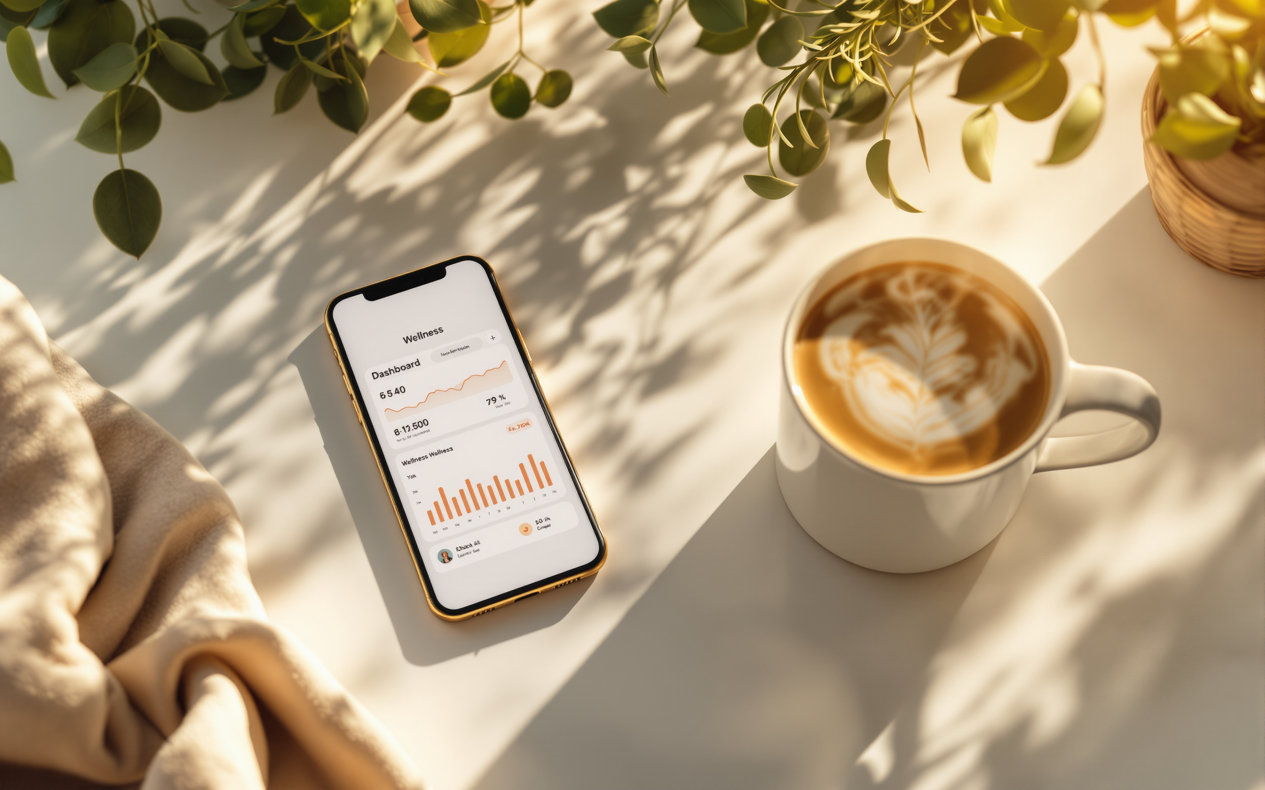 A wellness dashboard on a smartphone next to a steaming mug