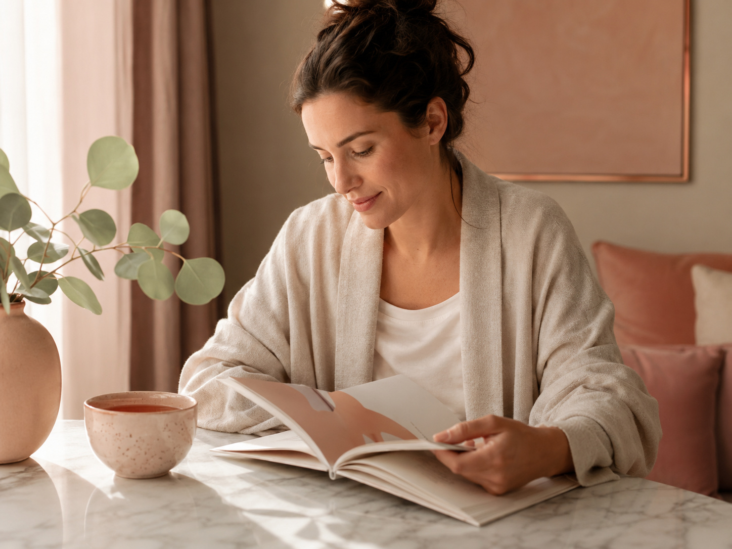 A person reading a peptide education guide with tea at home