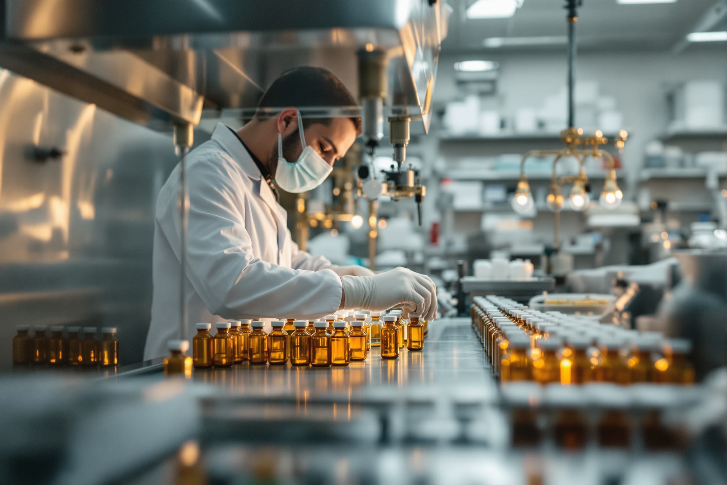A pharmacist filling small medication vials at a stainless-steel laminar flow hood