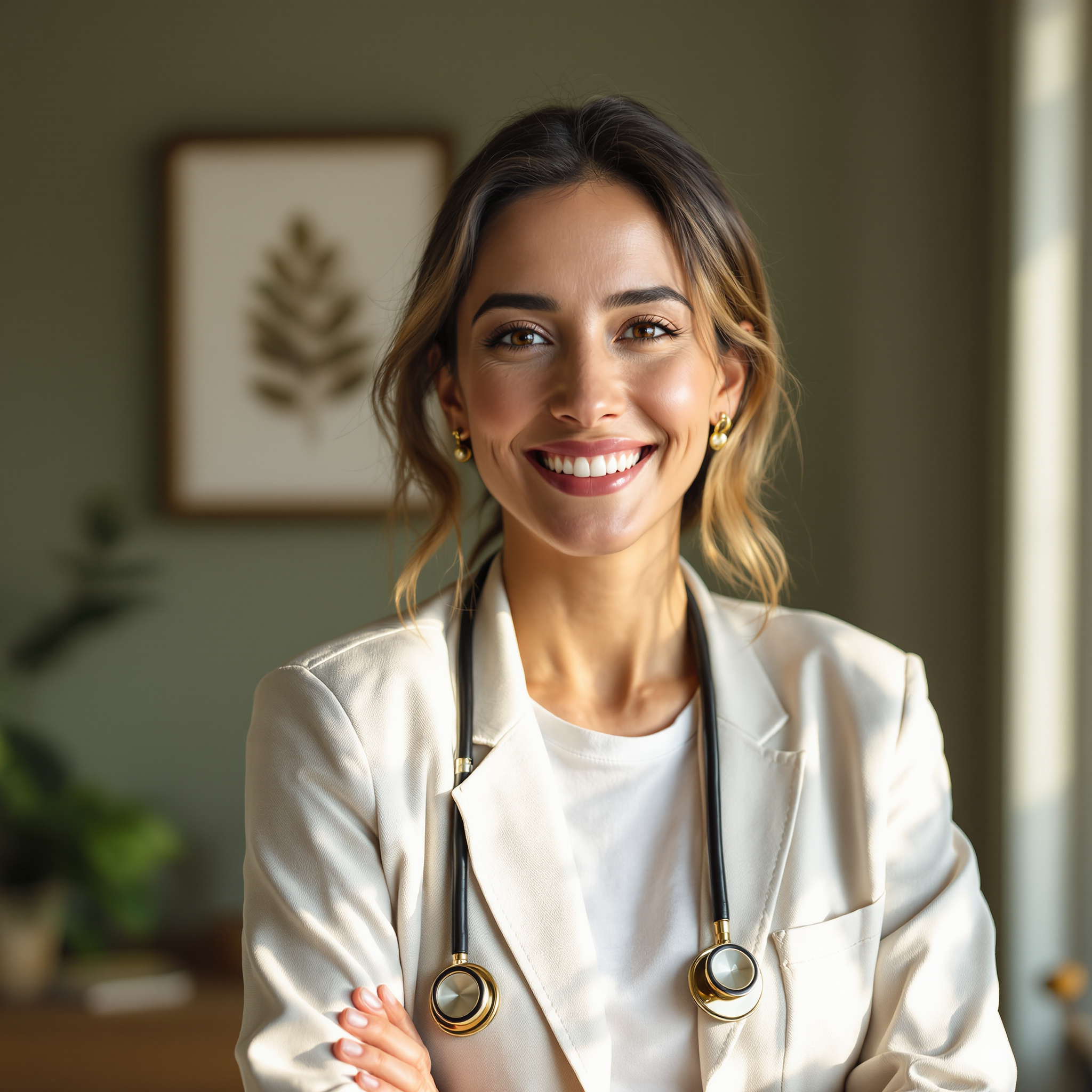A friendly female physician in a calm sage-toned office