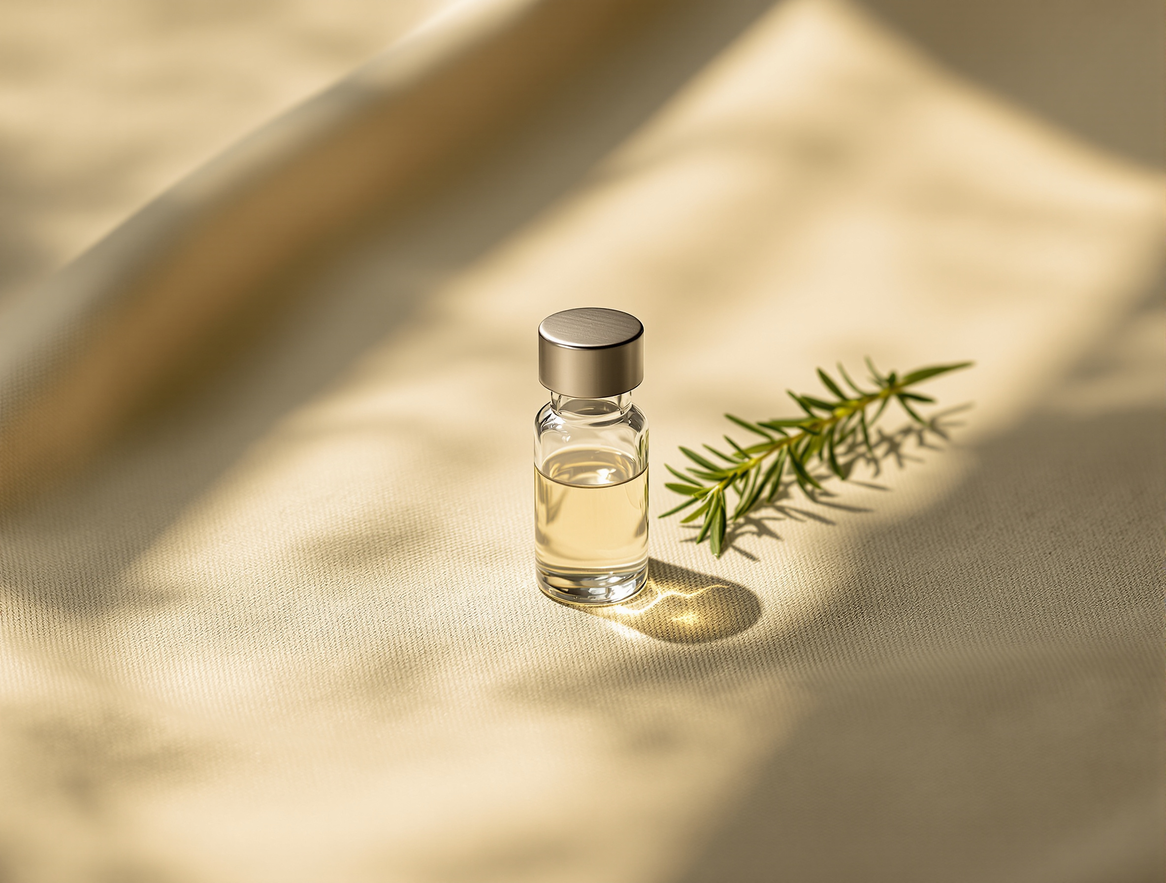 Glass medication vial in warm light