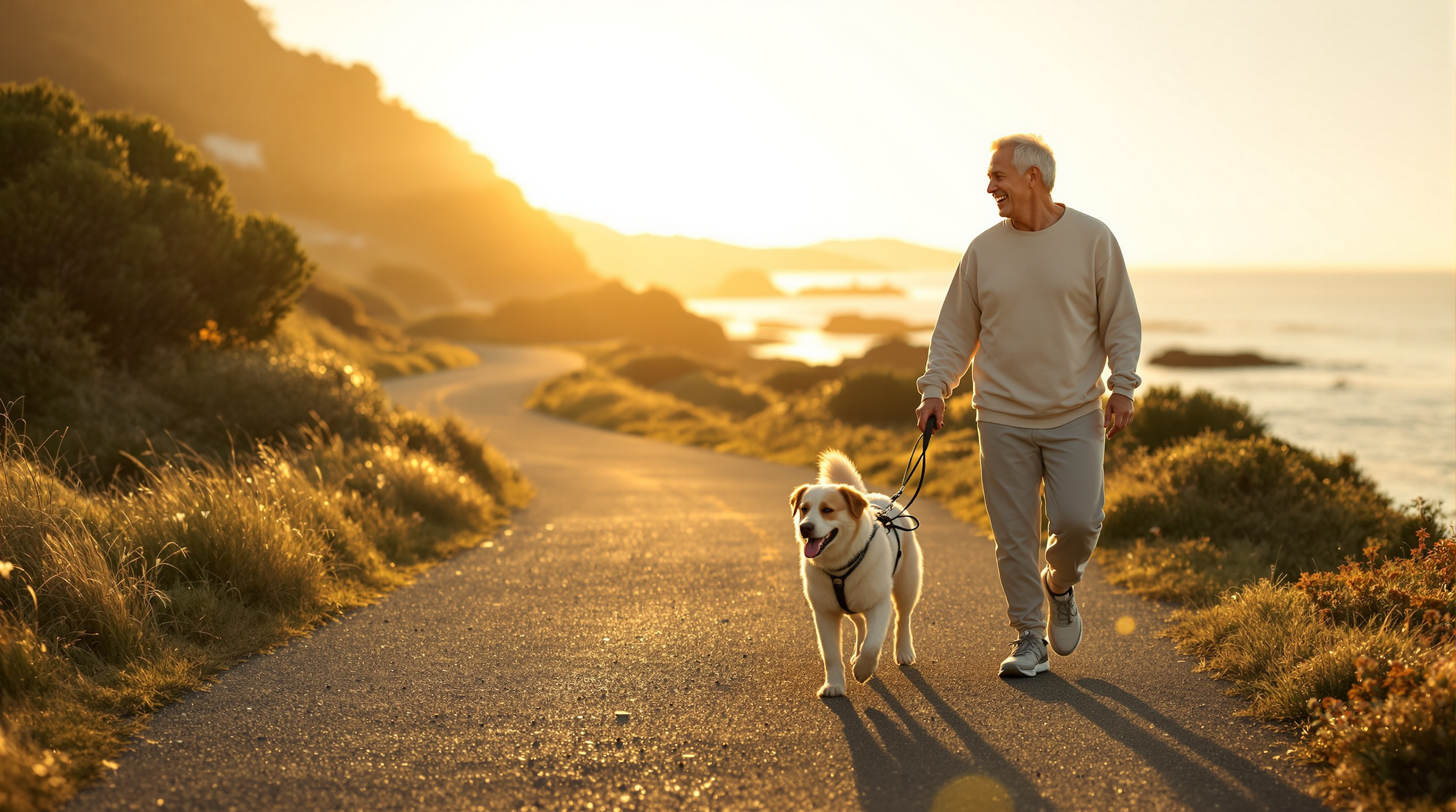 A couple walking at golden hour beside a meadow
